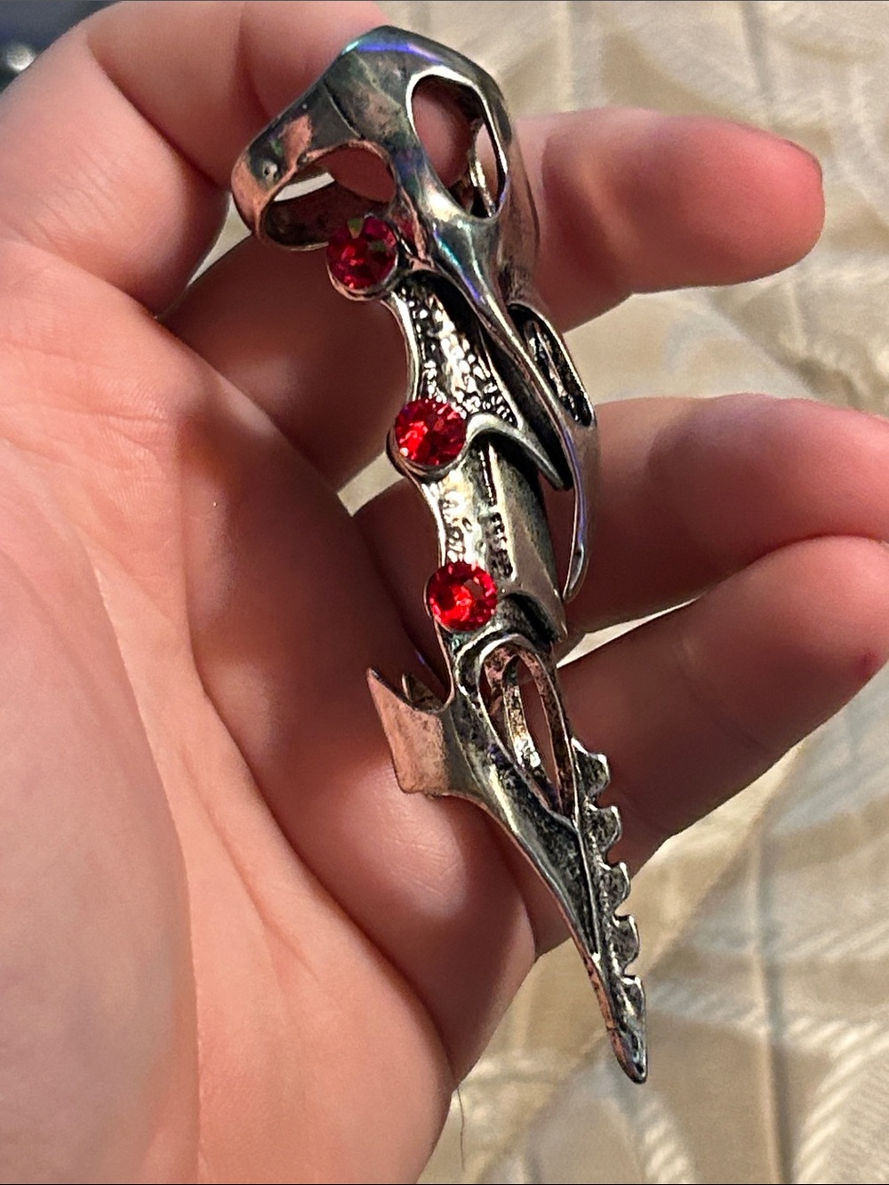 Silver Tone Dragon Claw Ring with Red Crystals - Women Jewelry